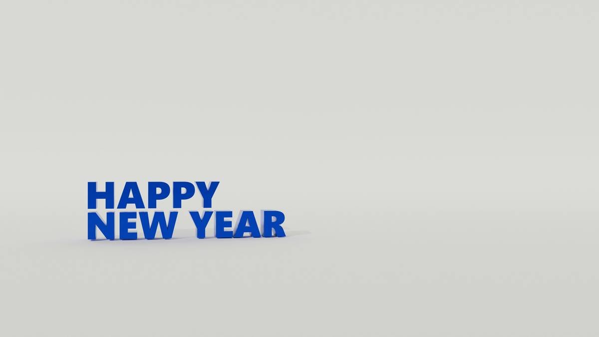 A 3D render of the phrase 'Happy New Year' in bold, vibrant blue letters, illuminated against a dark background. The text has a glossy, metallic finish, with a slight glow or light reflection to make it pop, conveying a festive, celebratory feel. The composition combines simplicity perfect for ringing in the new year.