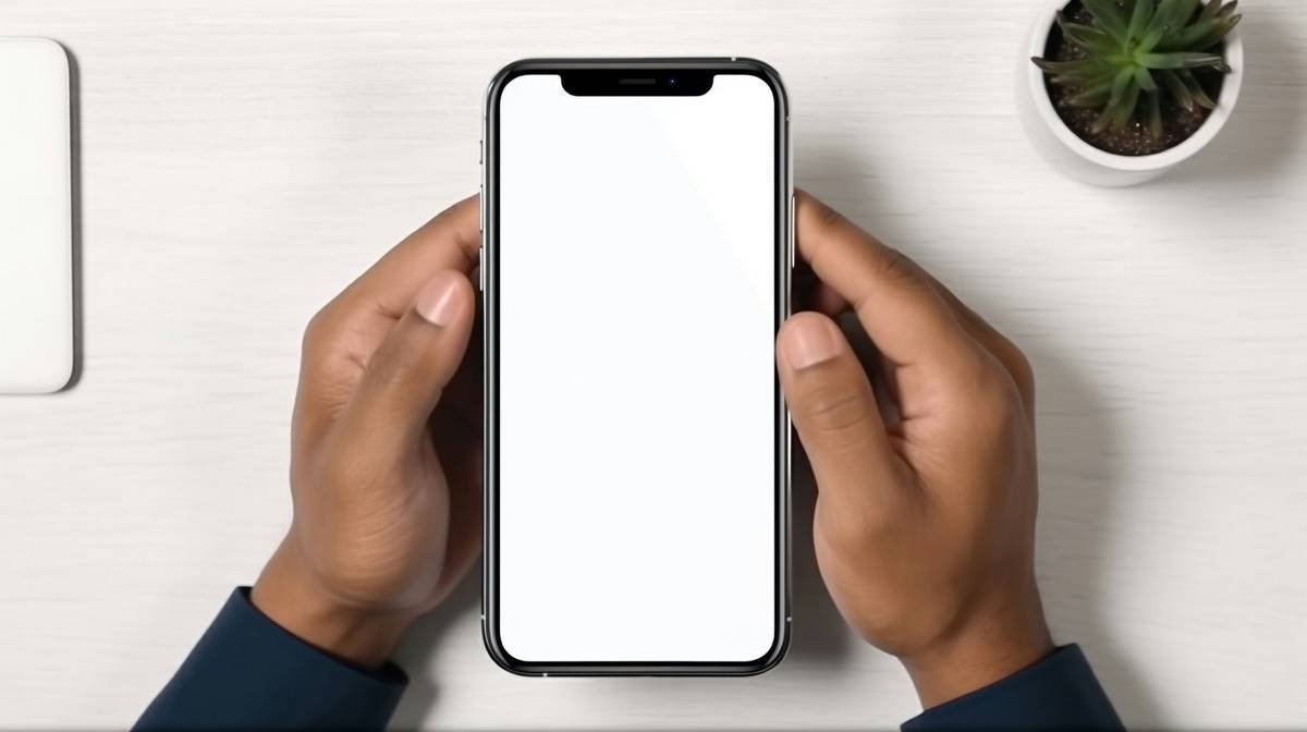 Black Hand Holding Mobile Phone With Blank Screen Top View