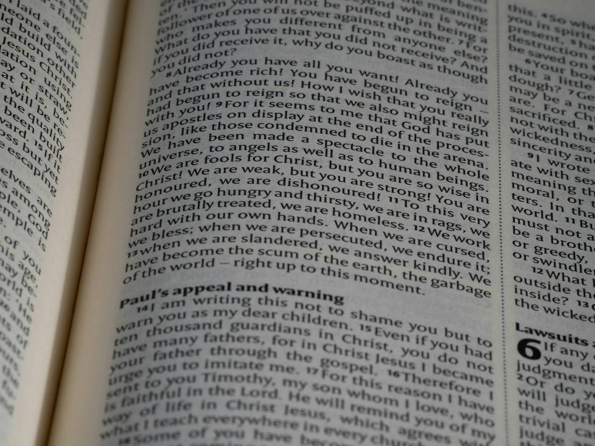 close up, bokeh, bible, new testament, christian, history, text, reading, bible study, devotions, christianity, scripture, epistle, letter, corinthians, 1 corinthians, sosthenes, spiritual gifts, love, morality, immorality, grace,