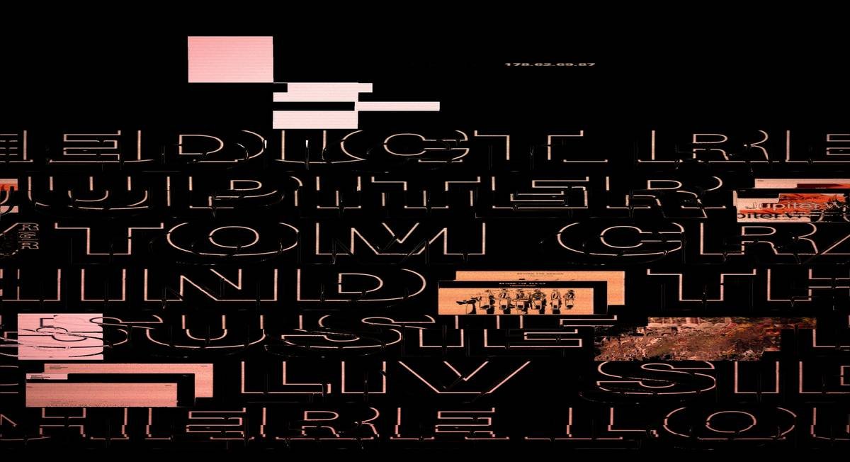 Distorted text and shapes on a dark background.