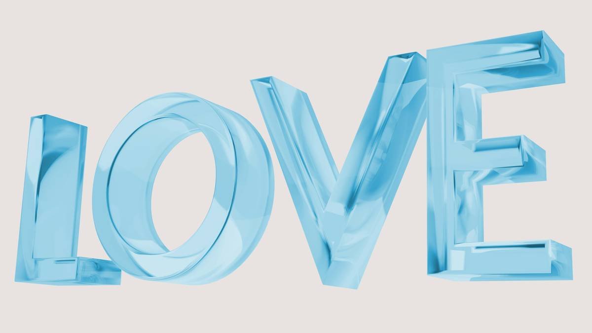 LOVE 3D Glass Text. Color: Polar Ice. Rendered Using Blender, Cycles, 8K Resolution.